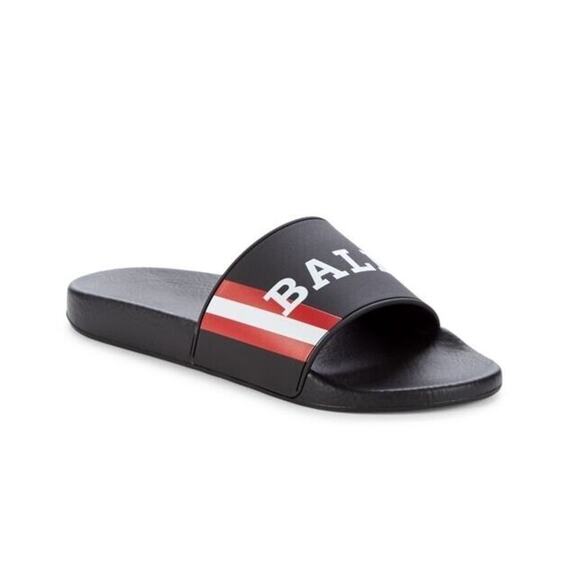 NIB BALLY SIMON BLACK RUBBER RED WHITE WEB LOGO SANDALS POOL SLIDES 11 D ITALY
